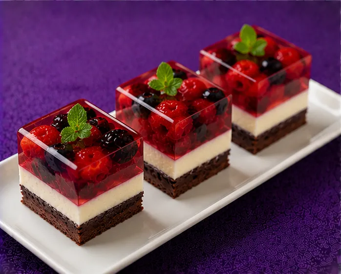 Raspberry, blackberry and blueberry jelly dessert with chocolate base