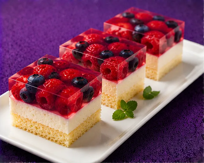 Raspberry and blueberry jelly sponge dessert