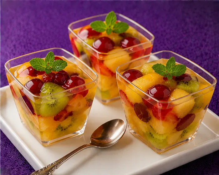 Mixed fruit jelly dessert with kiwi, grapes and peach