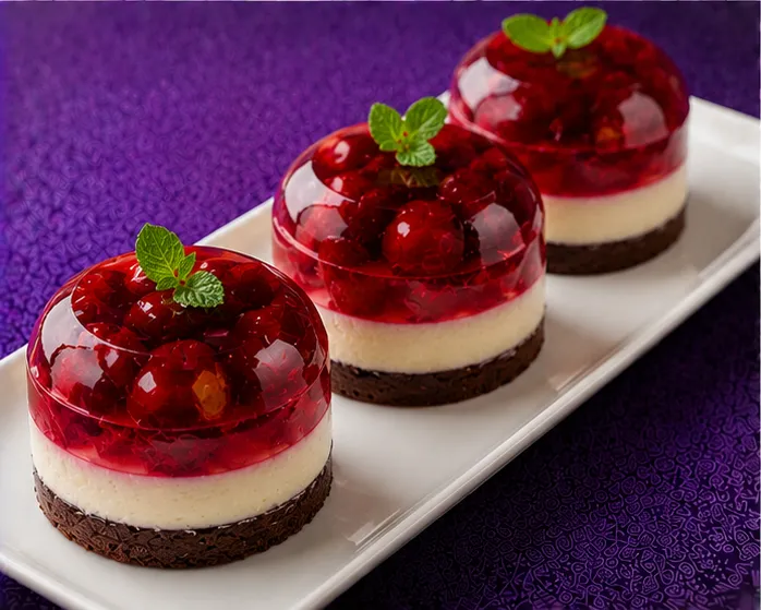 Raspberry jelly dessert with cream and chocolate base