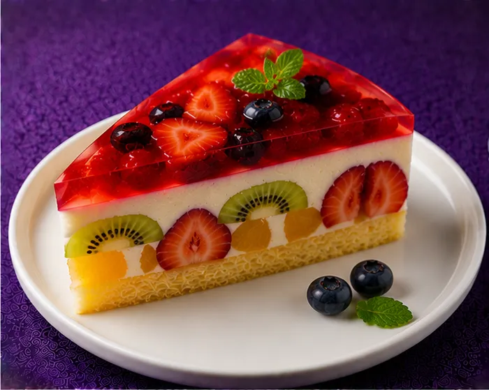 Strawberry, kiwi and blueberry jelly sponge dessert