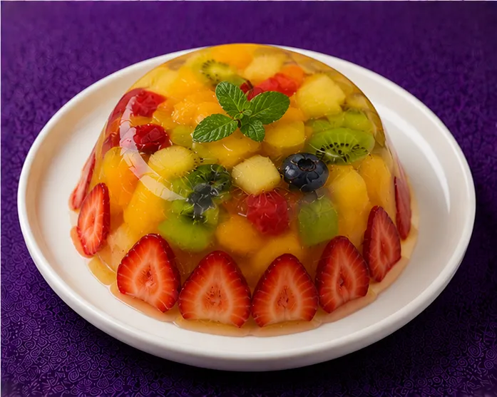 Mixed fruit jelly dessert with strawberries, kiwi, mango, raspberries and blueberries