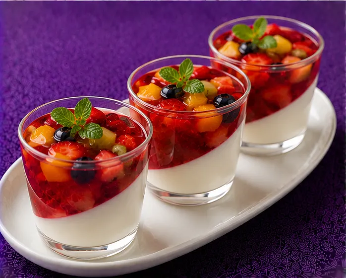 Strawberry, peach and blueberry jelly dessert with cream