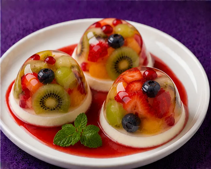 Kiwi, strawberry, grape and blueberry jelly dessert with cream