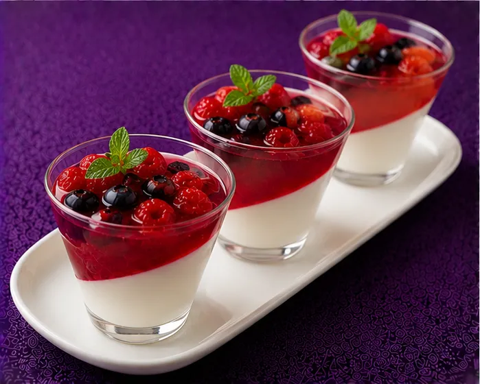 Raspberry and blueberry jelly dessert with cream