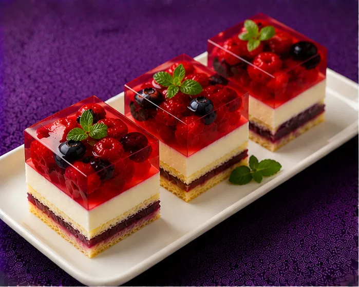 Raspberry and blueberry jelly dessert with cream and berry filling