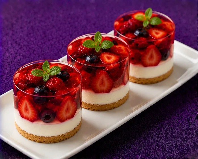 Strawberry, raspberry and blueberry jelly dessert with cream