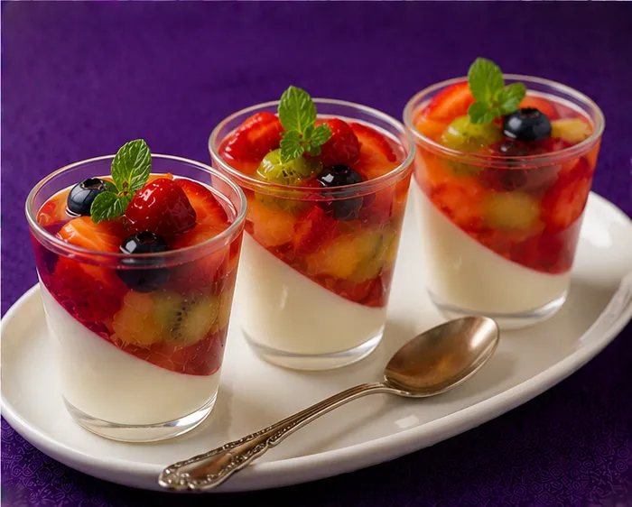 Strawberry, kiwi and blueberry jelly dessert with cream